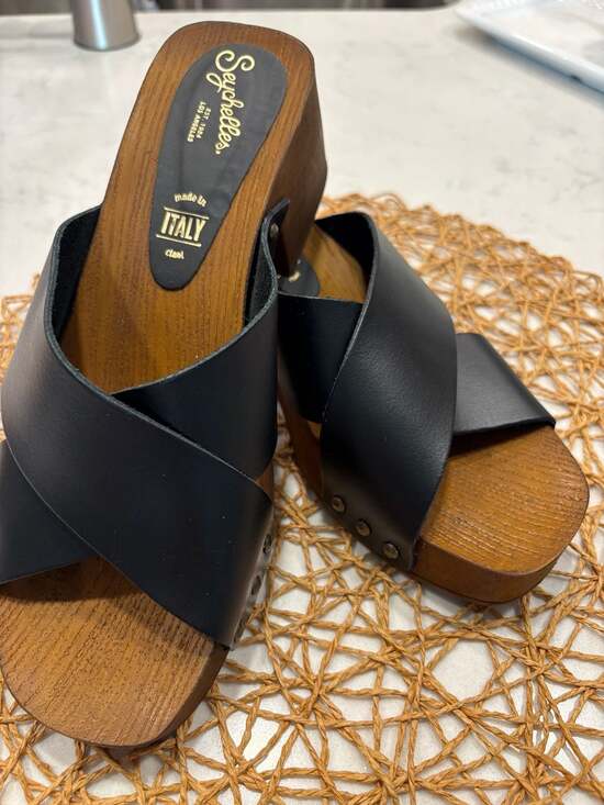 Seychelles Shoes - Seychelles Black Leather Criss Cross Wooden Platform Clog Sandals